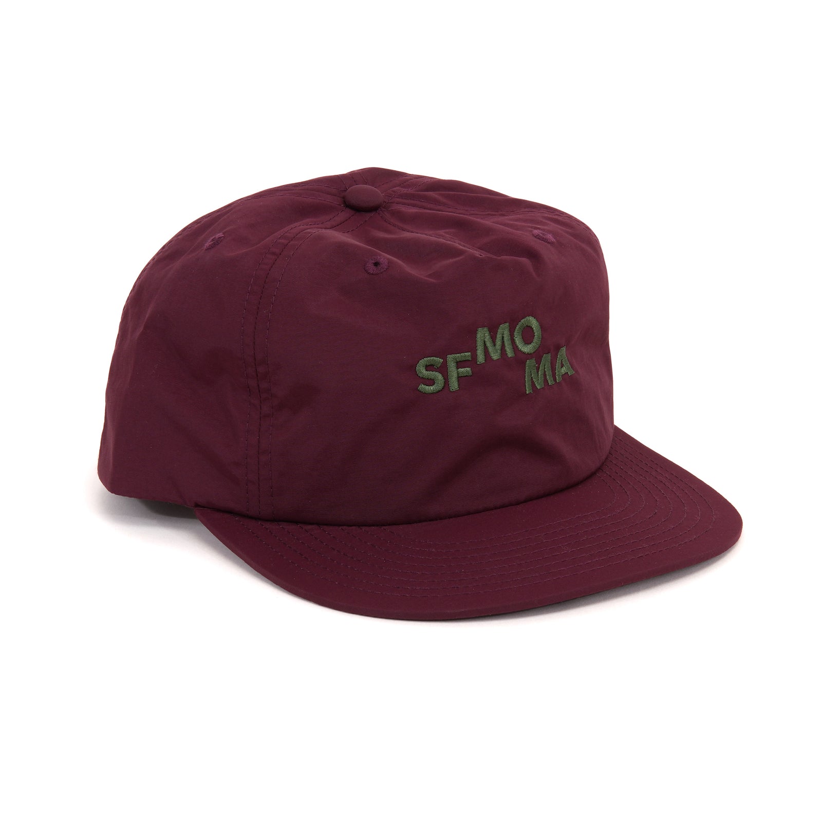A maroon cotton flat-brim cap with green embroidered text reading 'SF MO MA' on the front, shown on a plain white background.