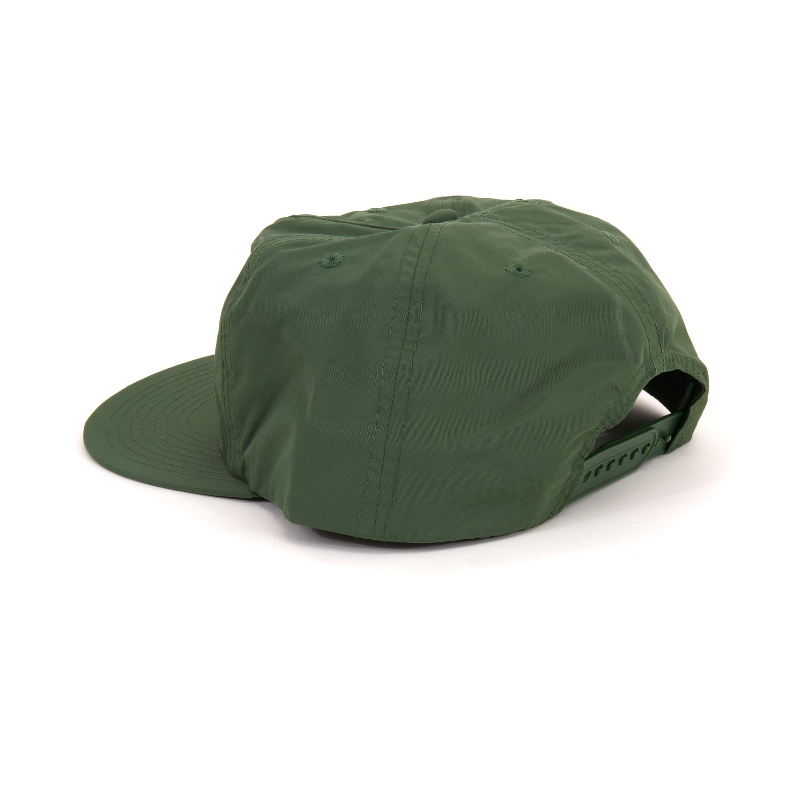 An olive green 5-panel cap with a flat brim, featuring 'SF MO MA' embroidered in red on the front, set against a plain white background.