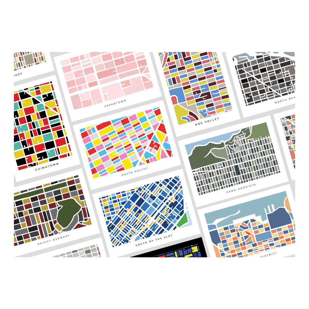 Overview of the illustrated designs for San Francisco Neighborhood Postcard Set. 