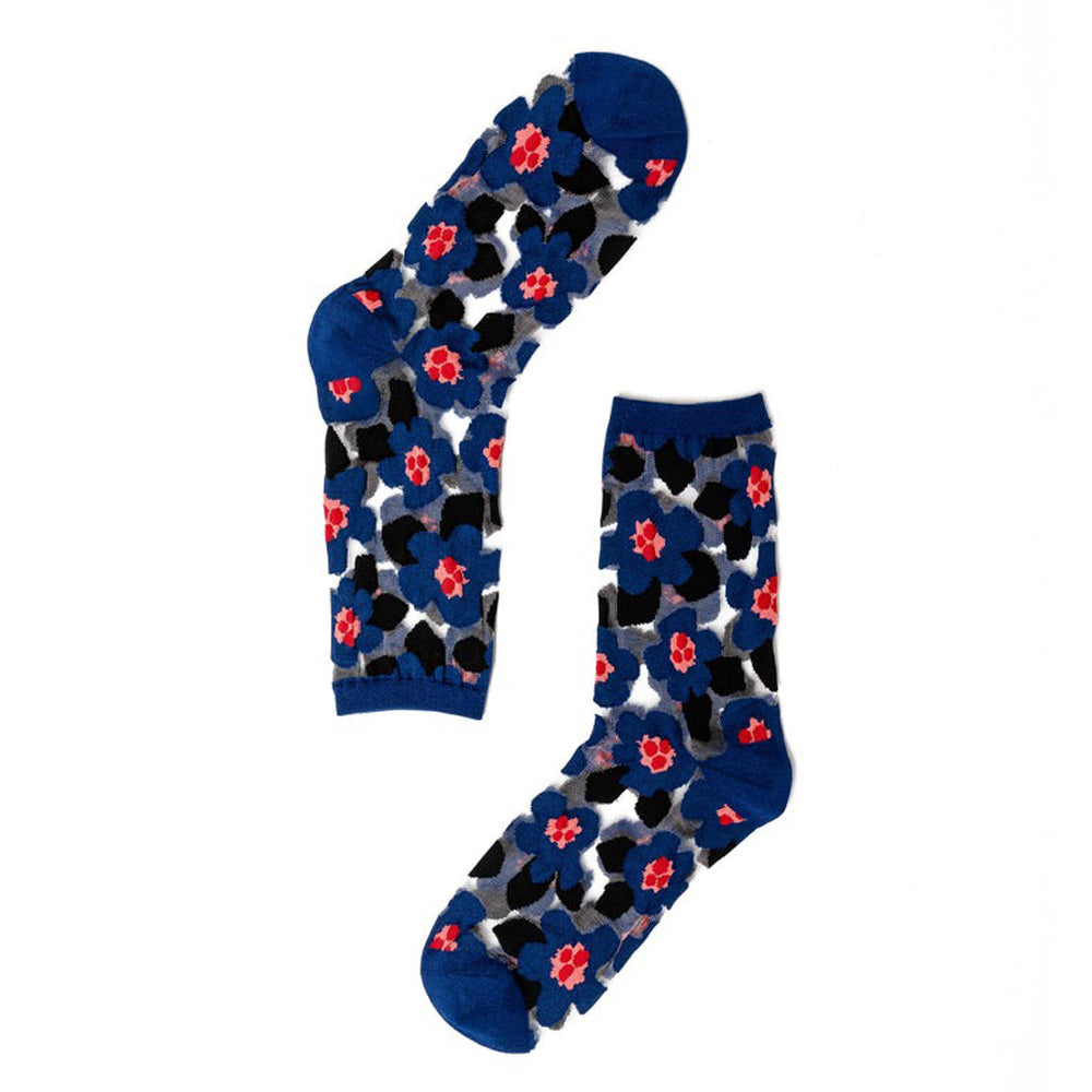 Image of Bold Blue Floral Sheer Crew Socks.