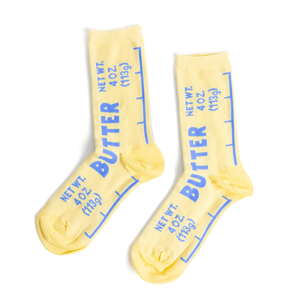 Yellow socks with blue text on a white background