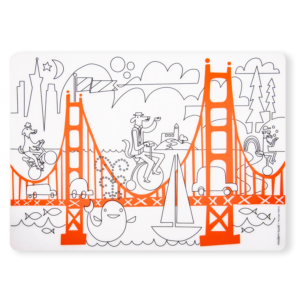 Coloring placemat with a stylized illustration of the Golden Gate Bridge and other San Francisco landmarks.