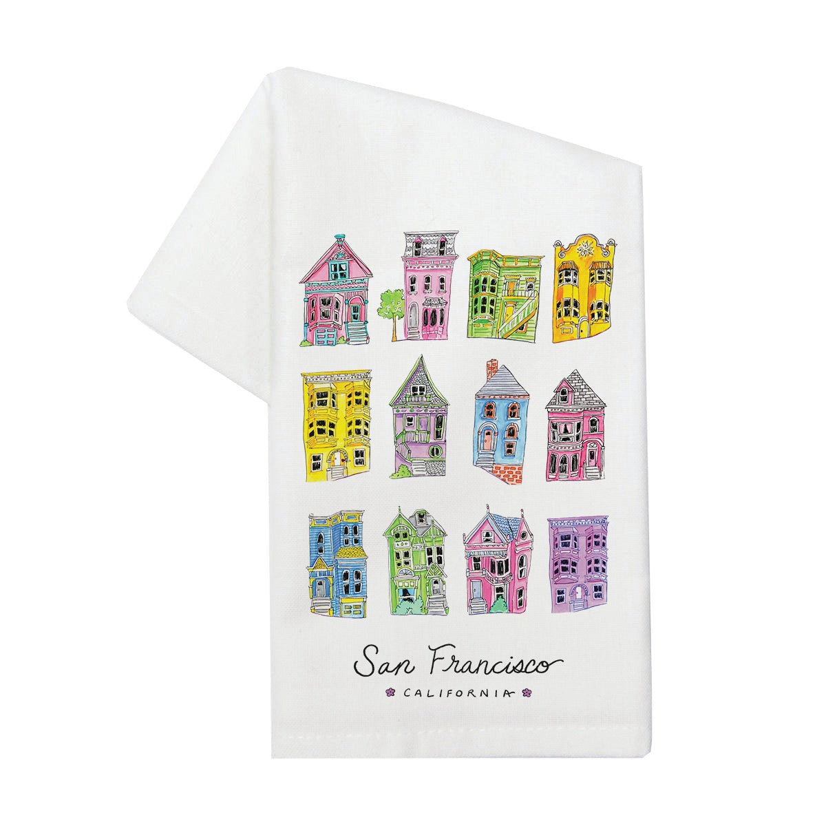 White towel with colorful house illustrations and 'San Francisco, California' text on a white background