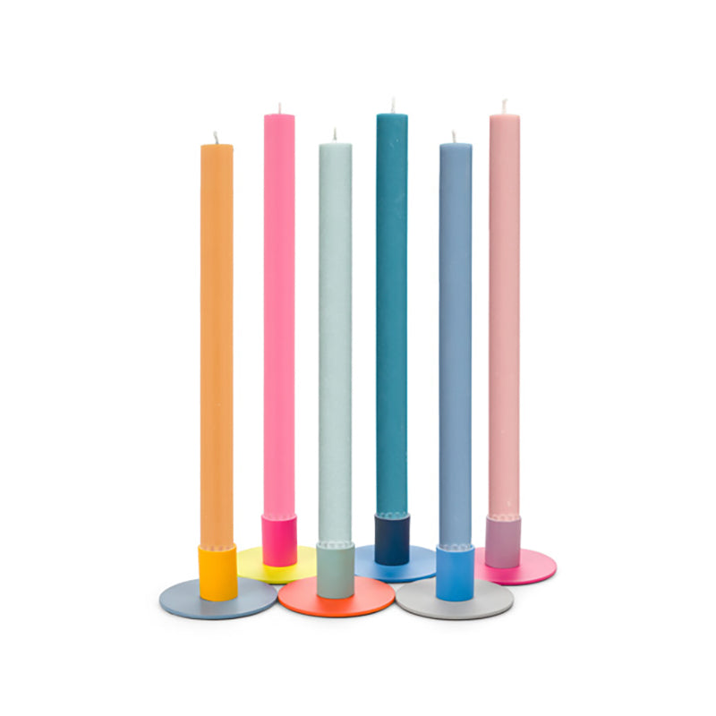 Candle Holders in different colors with candles.