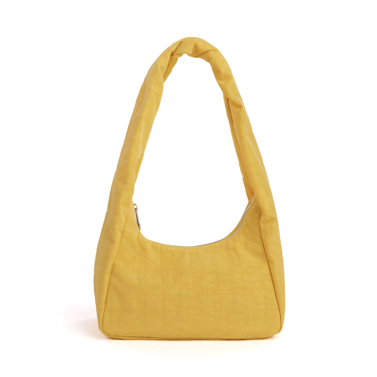 A mustard yellow fabric shoulder bag with a single strap and a curved top opening, shown against a plain white background.