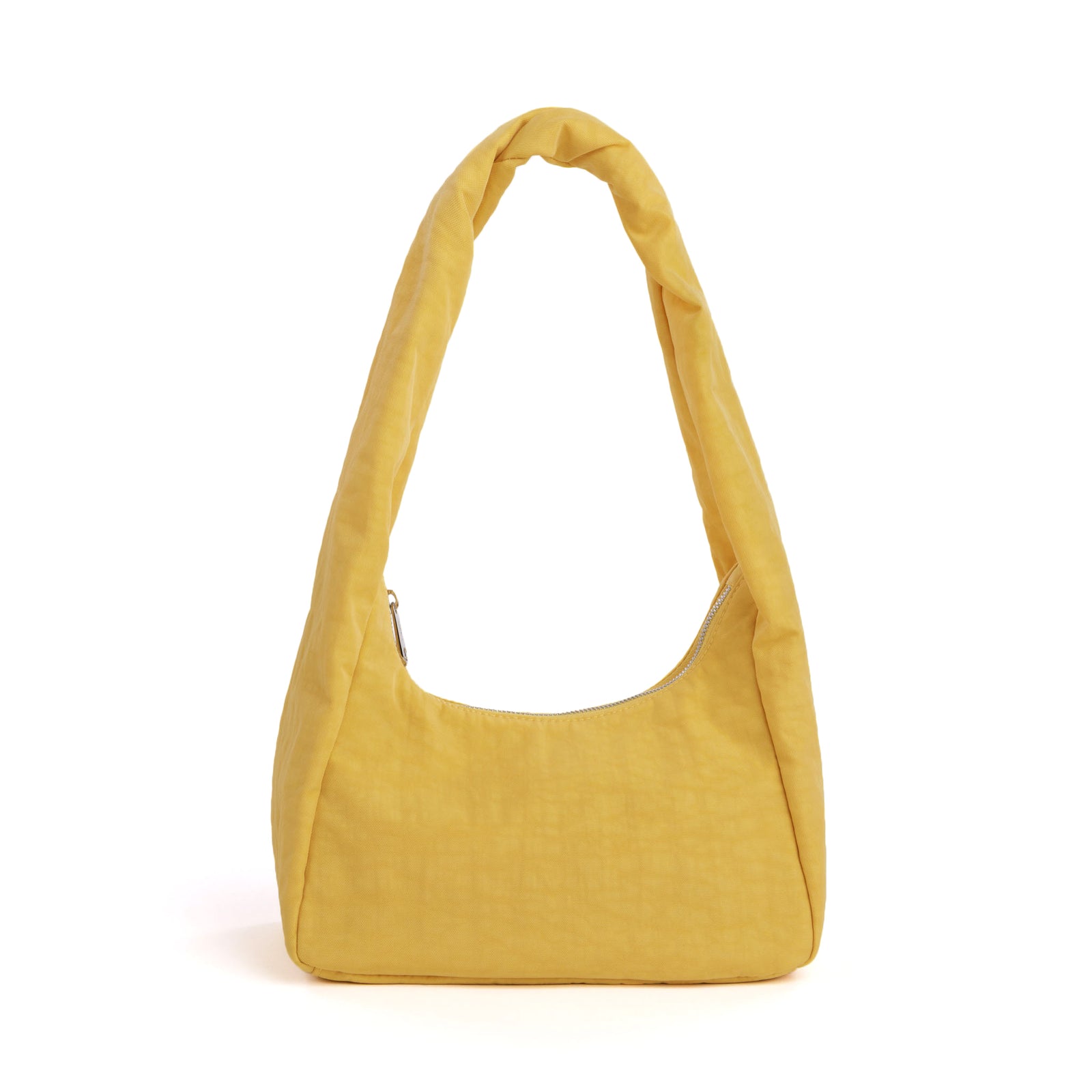 A mustard yellow fabric shoulder bag with a single strap and a curved top opening, shown against a plain white background.
