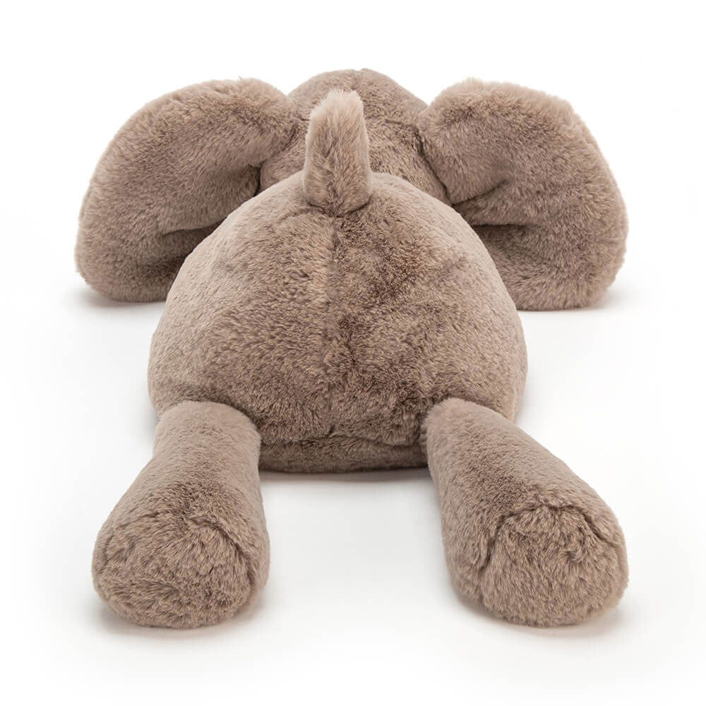 Rear view; plush elephant toy on a white background