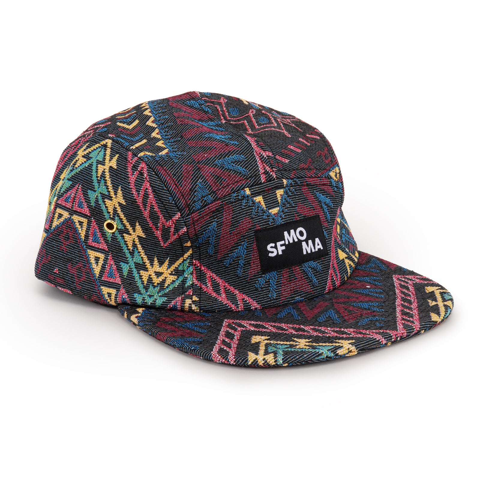 Colorful patterned cap with a black label on a white background