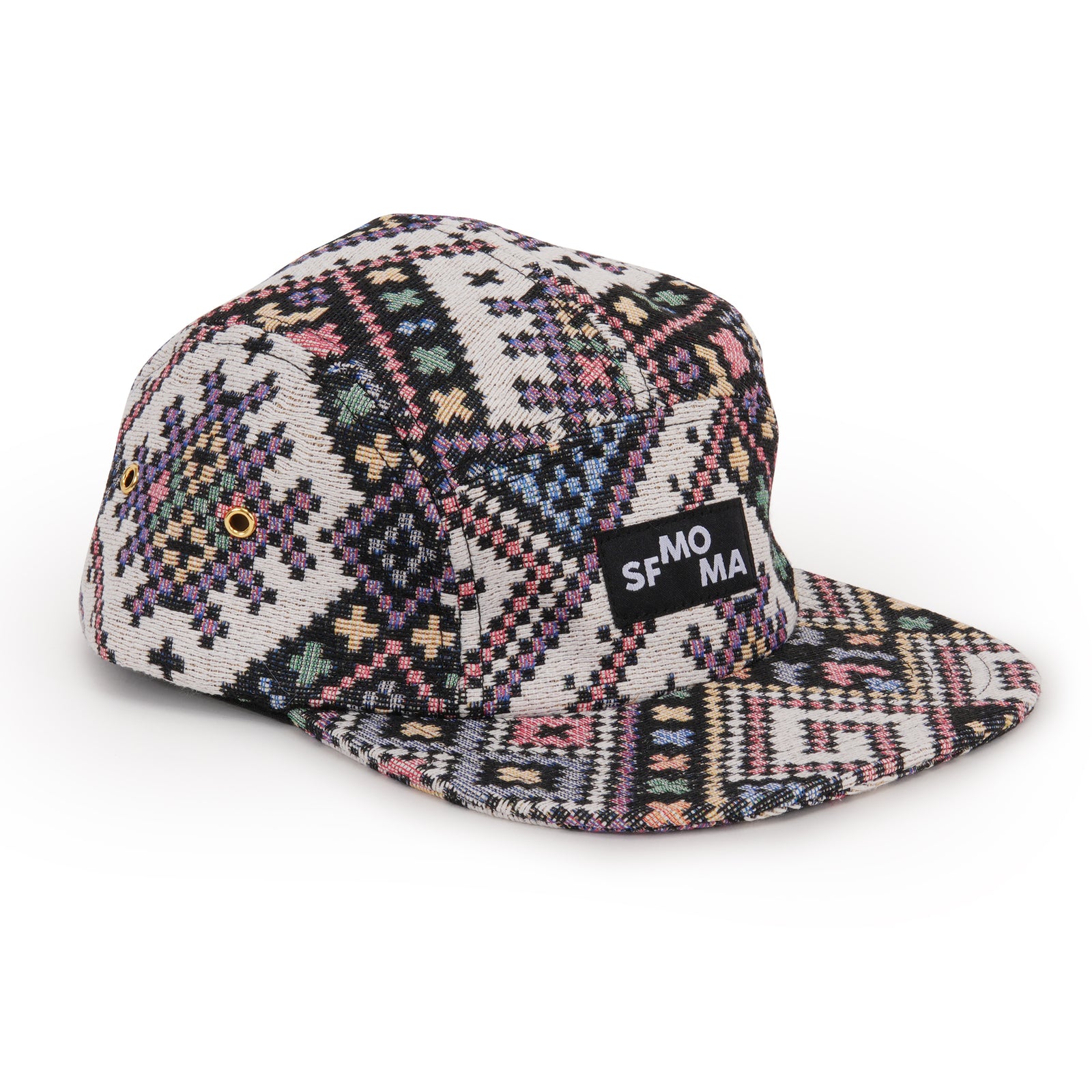 Multicolored patterned cap with SFMOMA logo on a white background