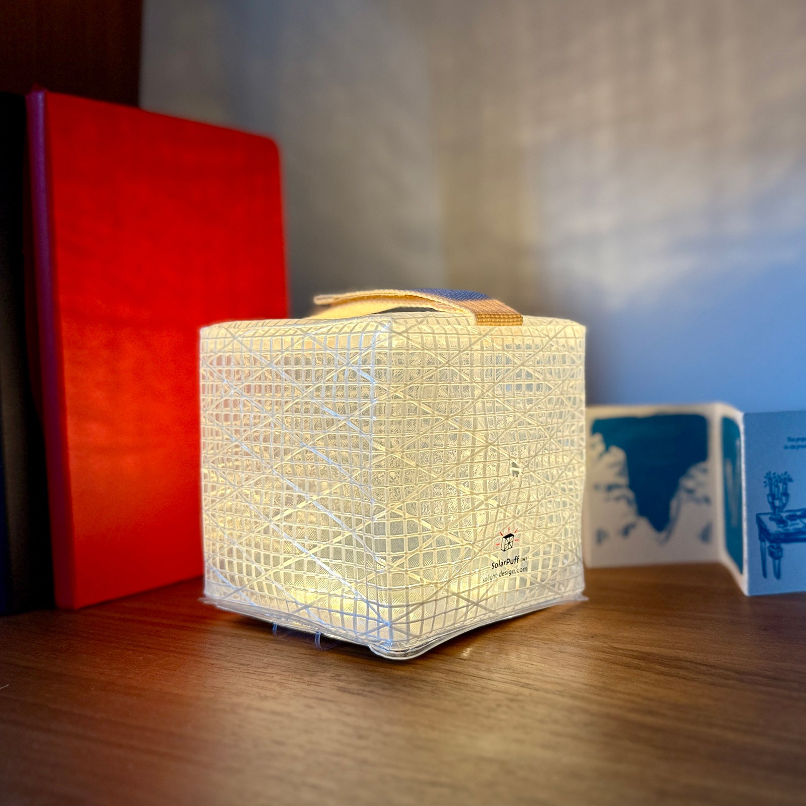 Solarpuff on a wooden surface with a blurred background