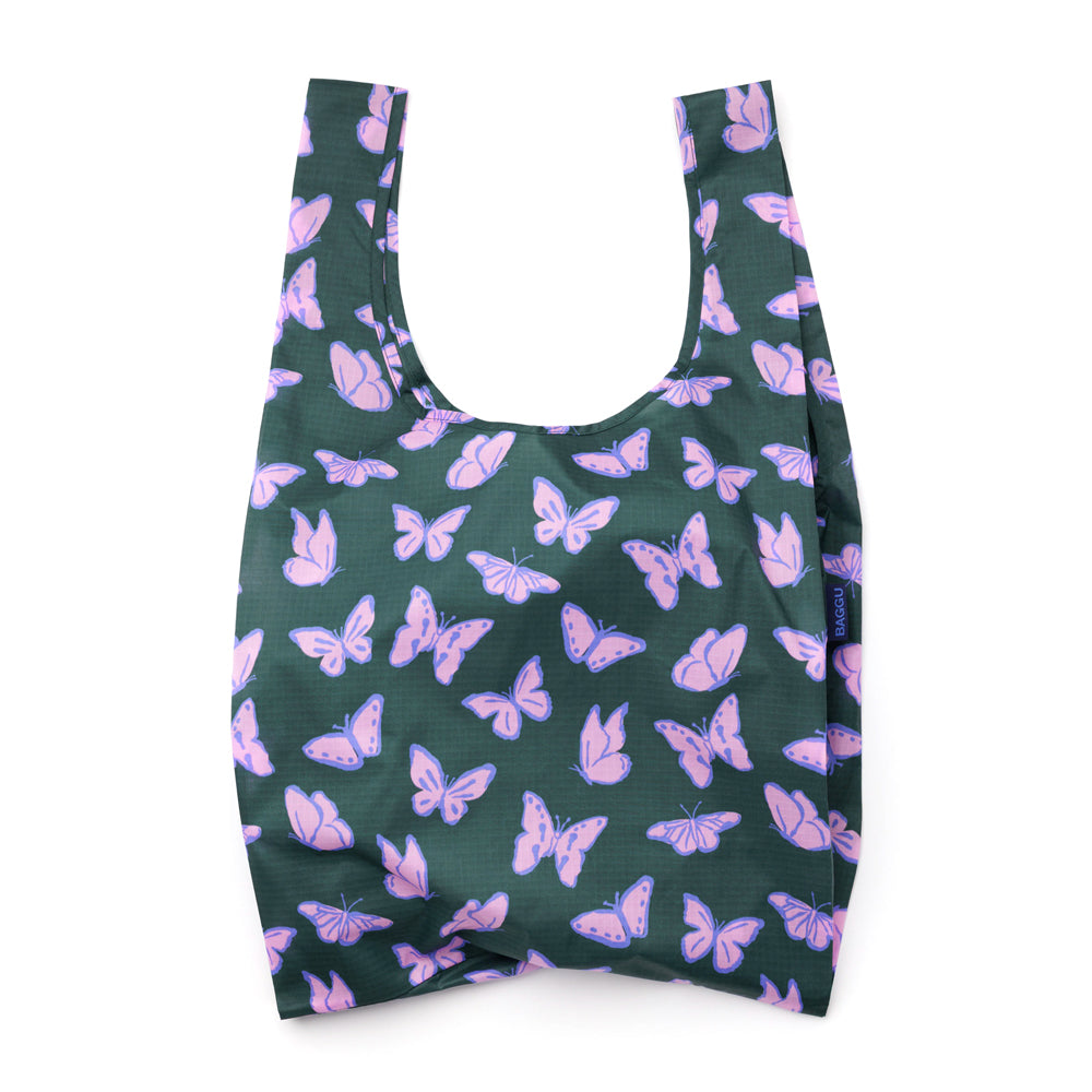 Reusable bag with purple butterfly pattern.