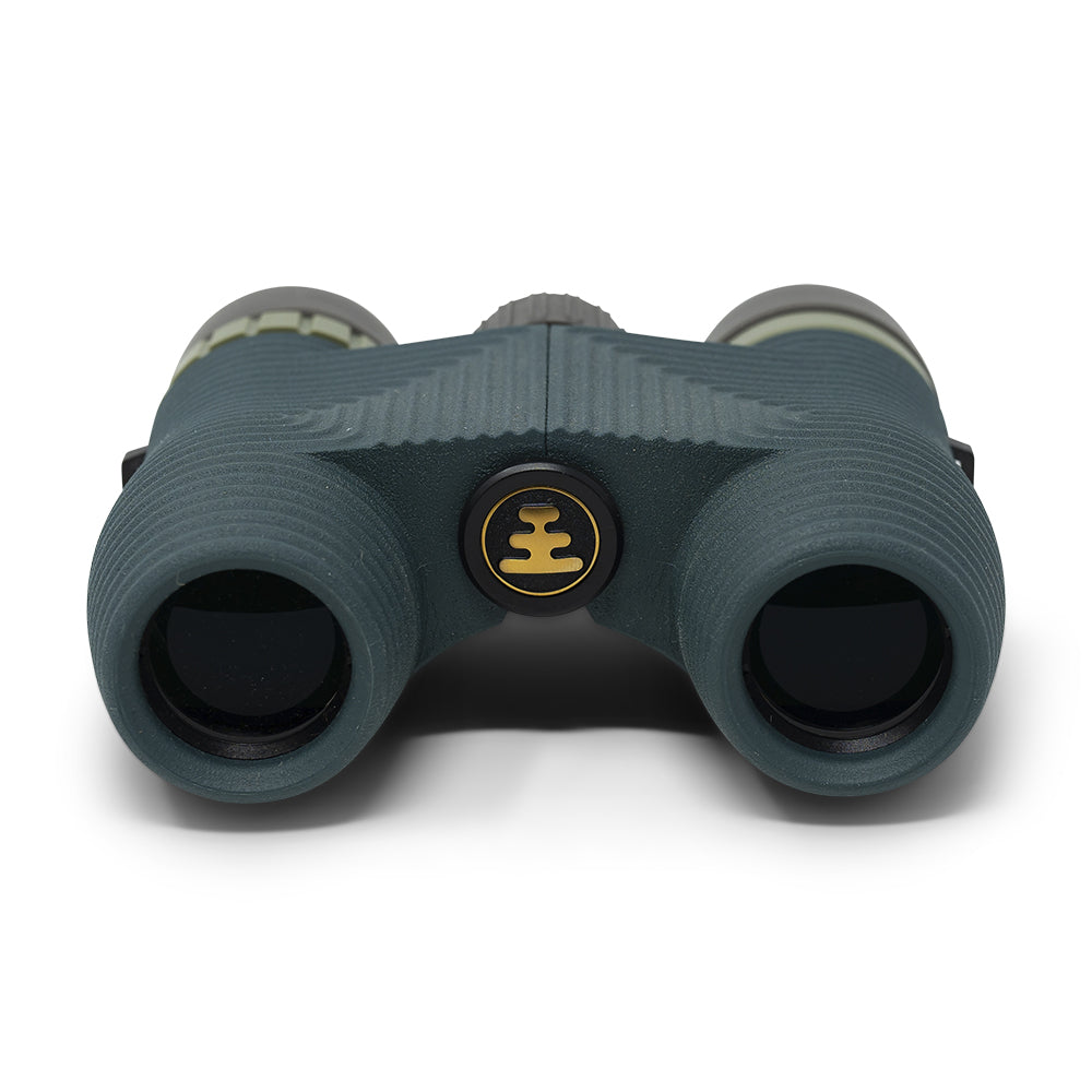 Green binoculars with a brand logo on a white background