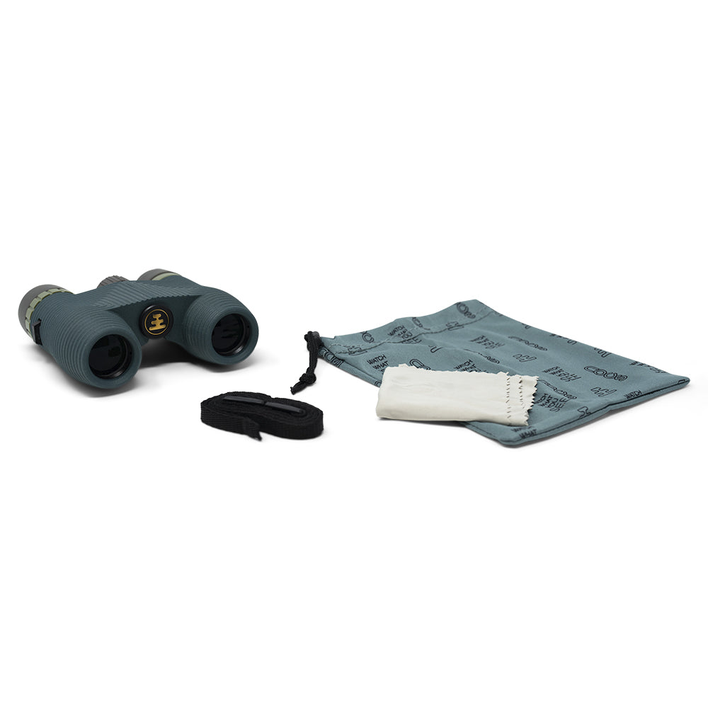 Binoculars with carrying strap and pouch on a white background