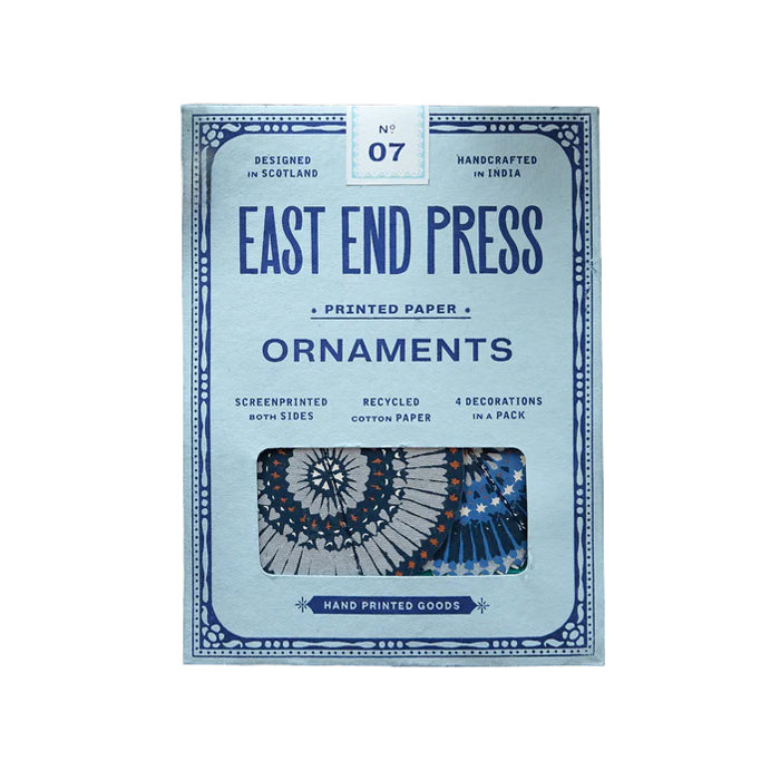 Pack of East End Press printed paper ornaments on a white background