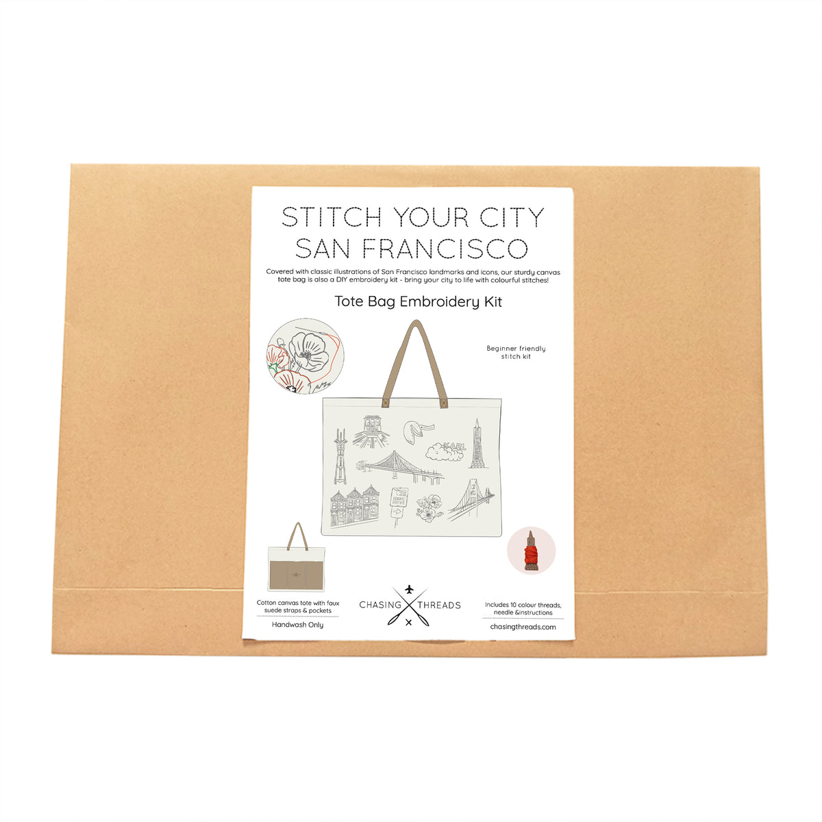 Stitch Your City San Francisco tote bag embroidery kit packaging on a white background