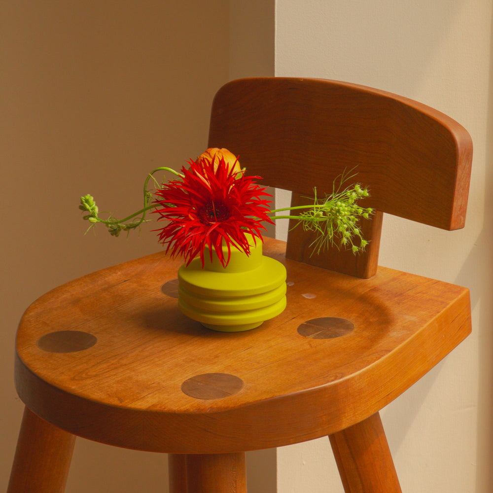 Vase with flowers on chair.