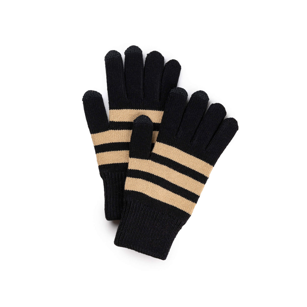 A pair of black knit gloves with two horizontal beige stripes on the back of the hands, displayed against a light gray background.
