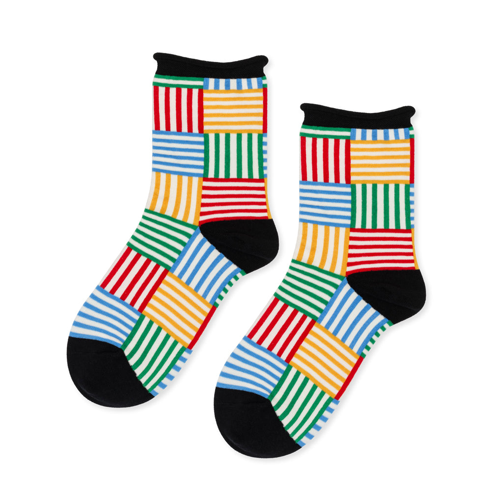 Colorful striped socks with a geometric pattern on a white background