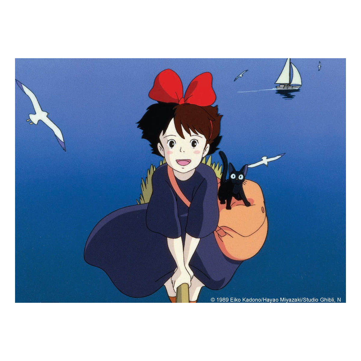 A square art print featuring an anime illustration of a young girl with a large red bow riding a broomstick, with a small black cat on her shoulder, set against a blue sky with seagulls and a sailboat.