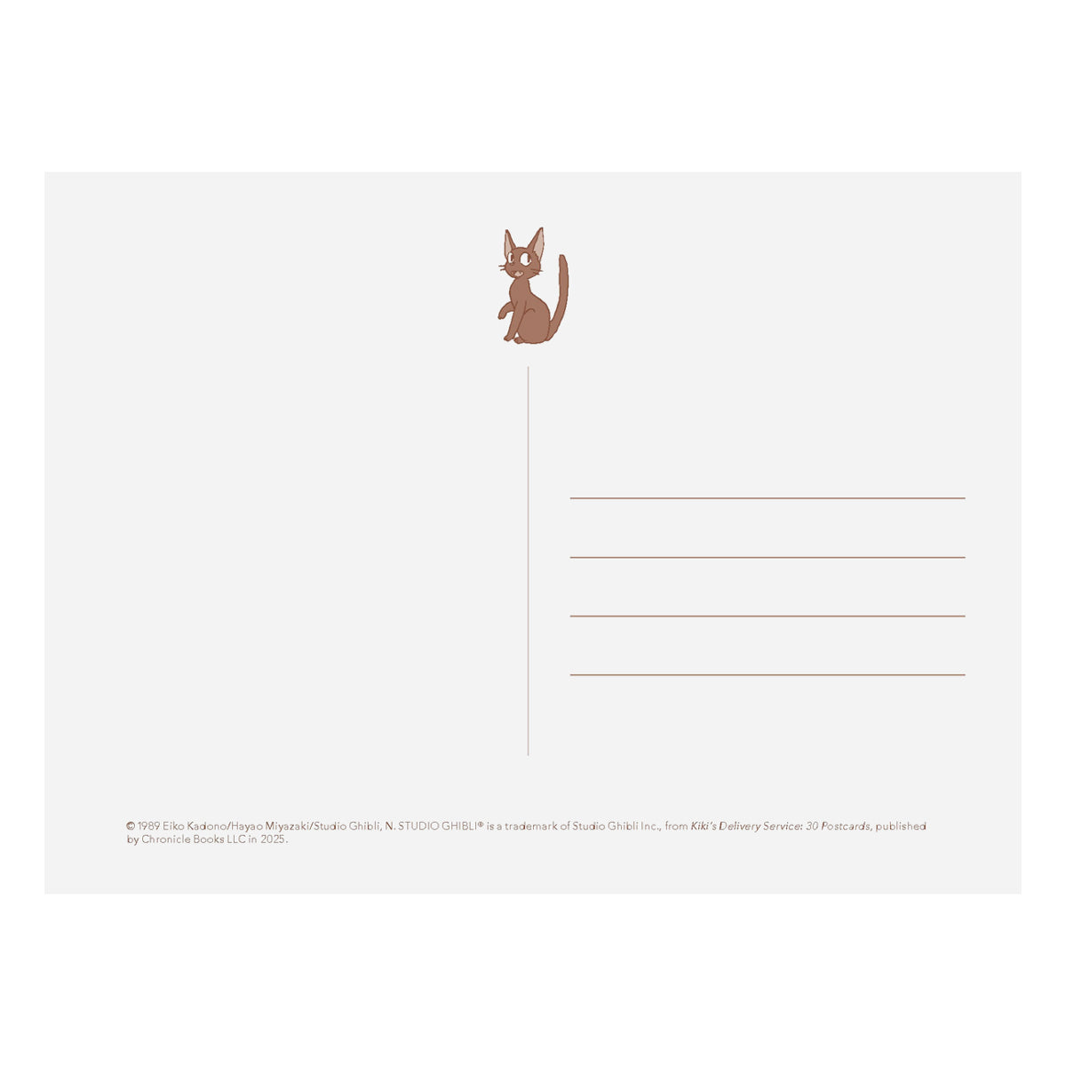 A minimalist postcard back design with a small brown cat illustration near the top center and lined writing areas on the right.