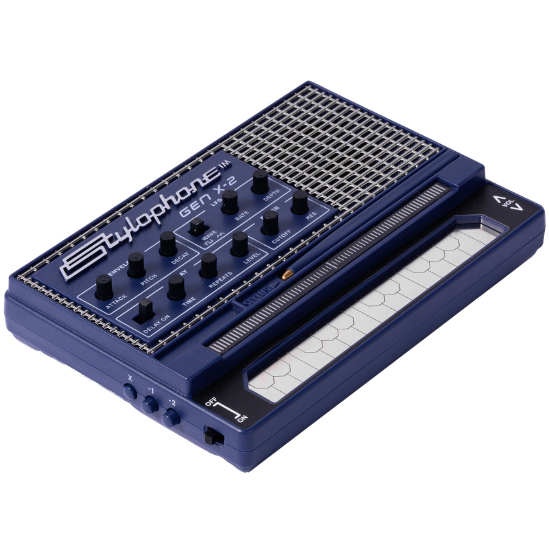 Blue and silver electronic keyboard on a white background