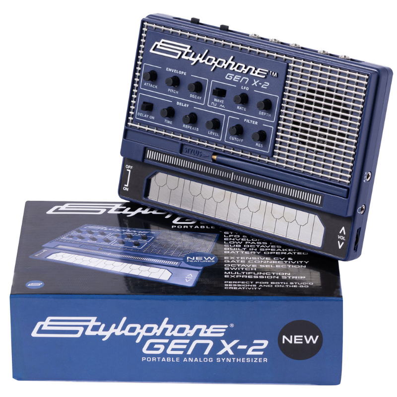 Stylophone GEN X-2 portable analog synthesizer with packaging on a white background