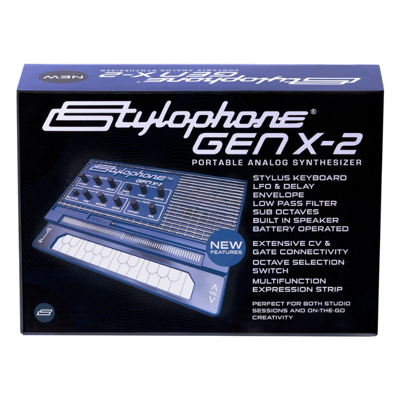 Stylophone GEN X-2 portable analog synthesizer packaging on a white background