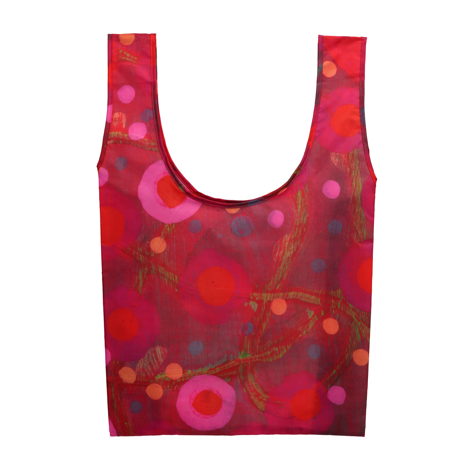 A reusable bag with a scoop neckline featuring an abstract pattern of red, pink, orange, and green circles and brushstrokes on a white background.