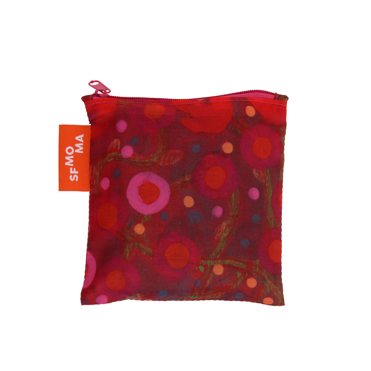 A small zippered pouch with a red and pink floral pattern, featuring a bright orange tag on the side with the brand name 'SFMOMA' in white text, set against a plain white background.