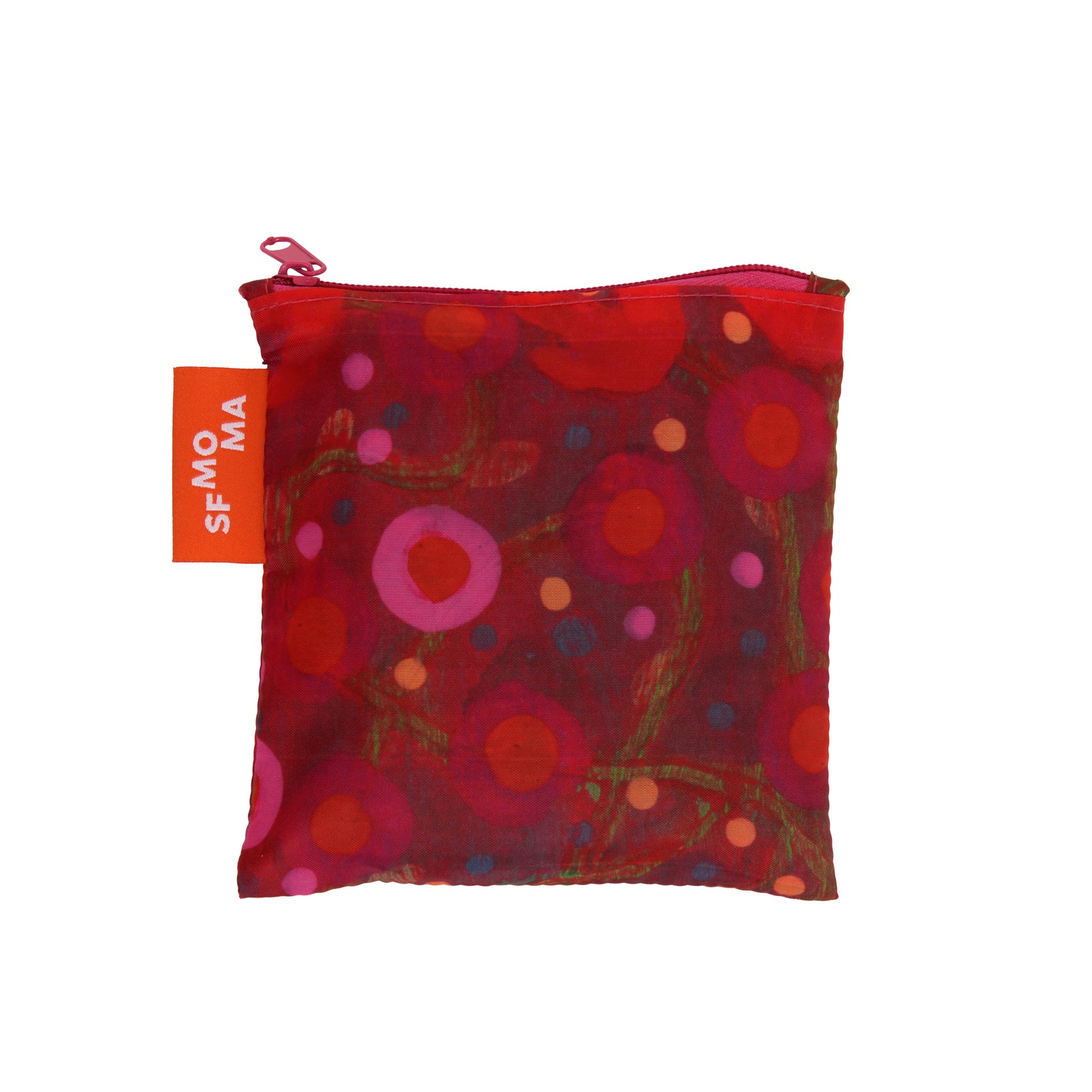 A reusable bag with a scoop neckline featuring an abstract pattern of red, pink, orange, and green circles and brushstrokes on a white background.