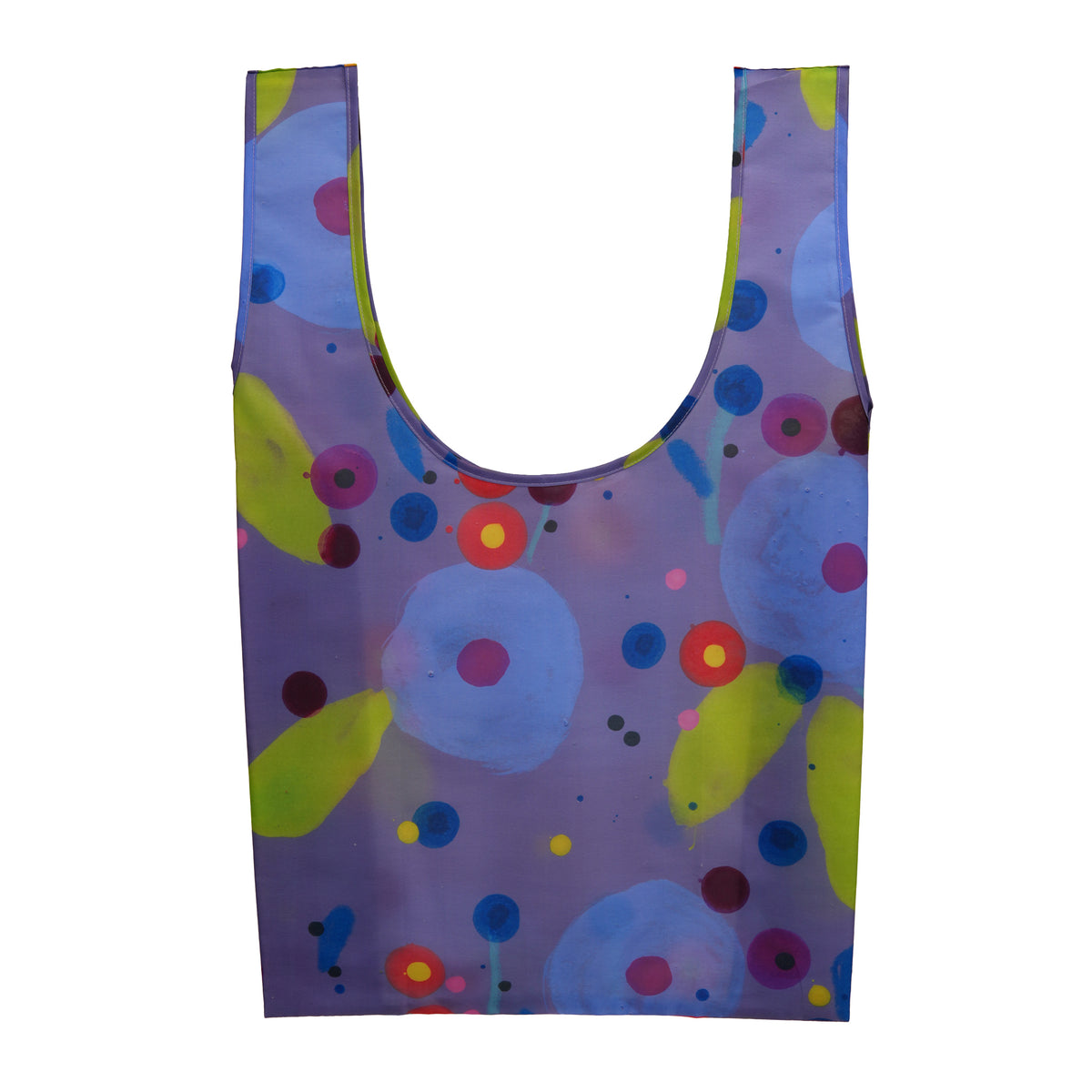 A reusable plastic bag with a wide scoop opening, featuring an abstract watercolor-style print of blue circles, lime green splotches, and colorful dots on a purple background.