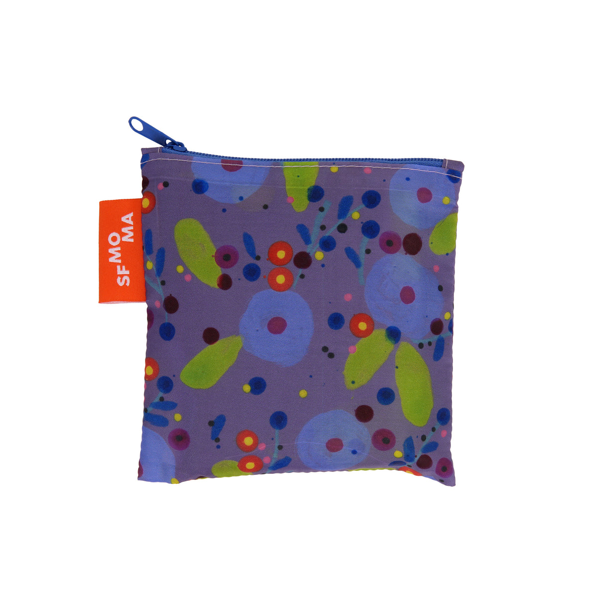 A small zippered pouch with a purple background and a colorful abstract print, featuring a bright orange tag on the side with the brand name 'SFMOMA' in white text.
