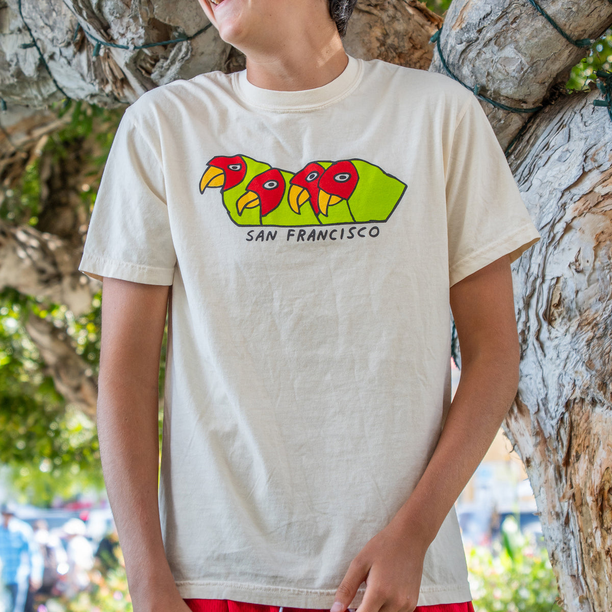 A light cream-colored short-sleeve t-shirt with a graphic of three cartoon birds in red and orange on a green shape above the text 'SAN FRANCISCO'.