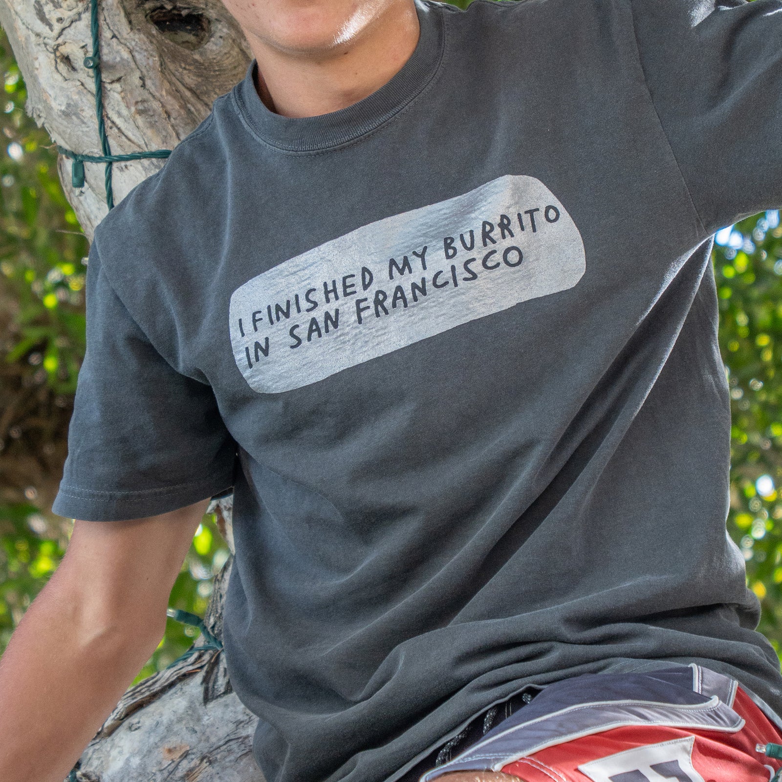 A dark charcoal gray t-shirt with a light gray graphic box on the chest containing the text 'I FINISHED MY BURITO IN SAN FRANCISCO' in black lettering.