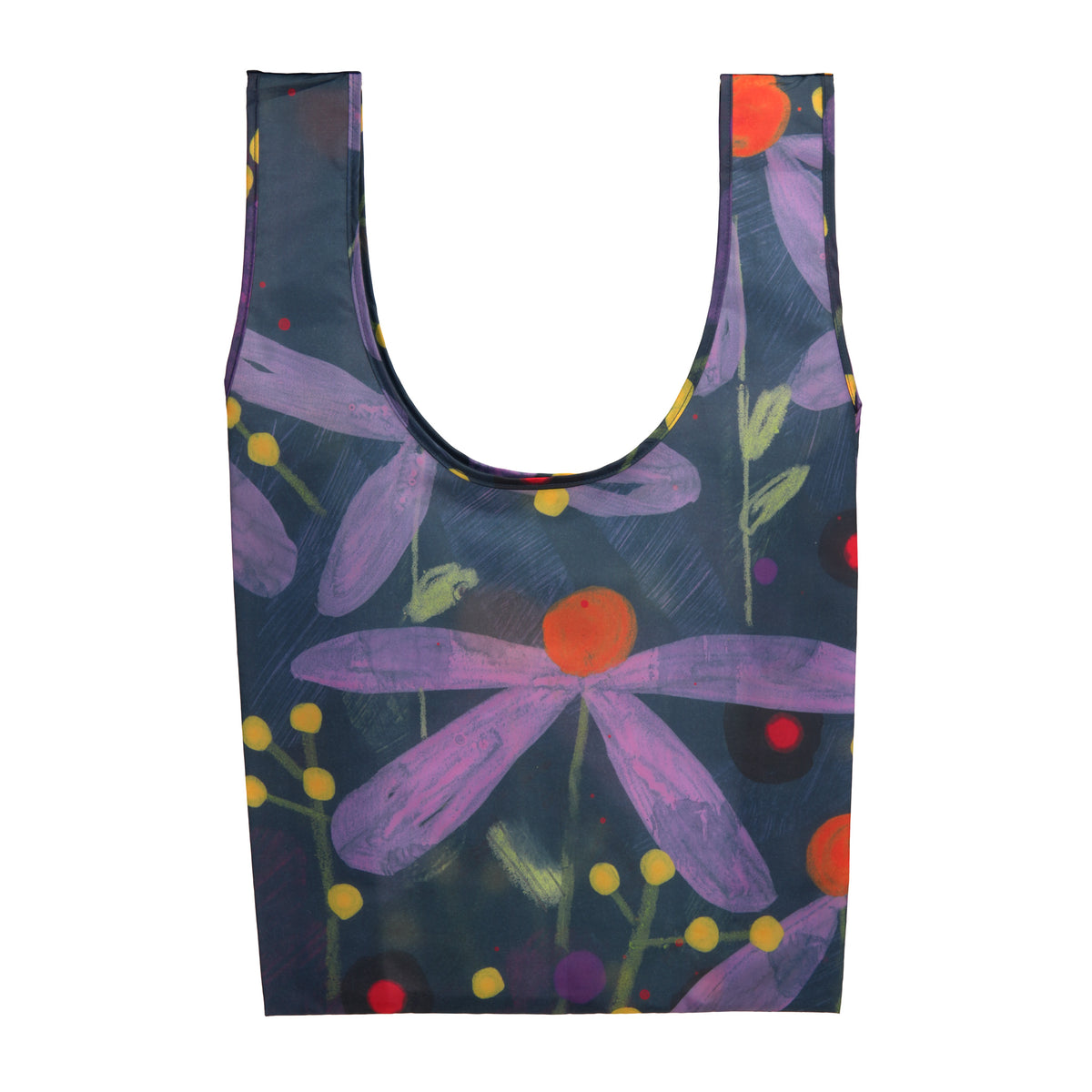 A reusable bag with a dark navy background and a colorful painted floral pattern featuring purple flowers, yellow and orange accents, and green stems.