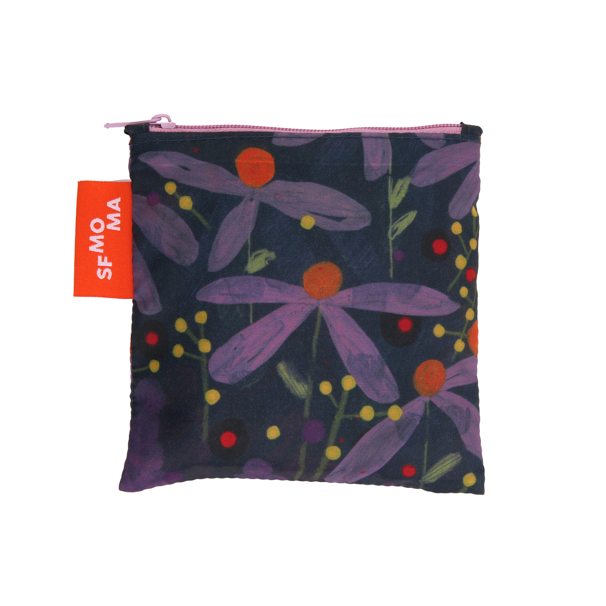 A square fabric pouch with a dark navy background and a purple wildflower pattern, featuring a pink zipper and a bright orange tag on the left side with the brand name 'SFMOMA'.