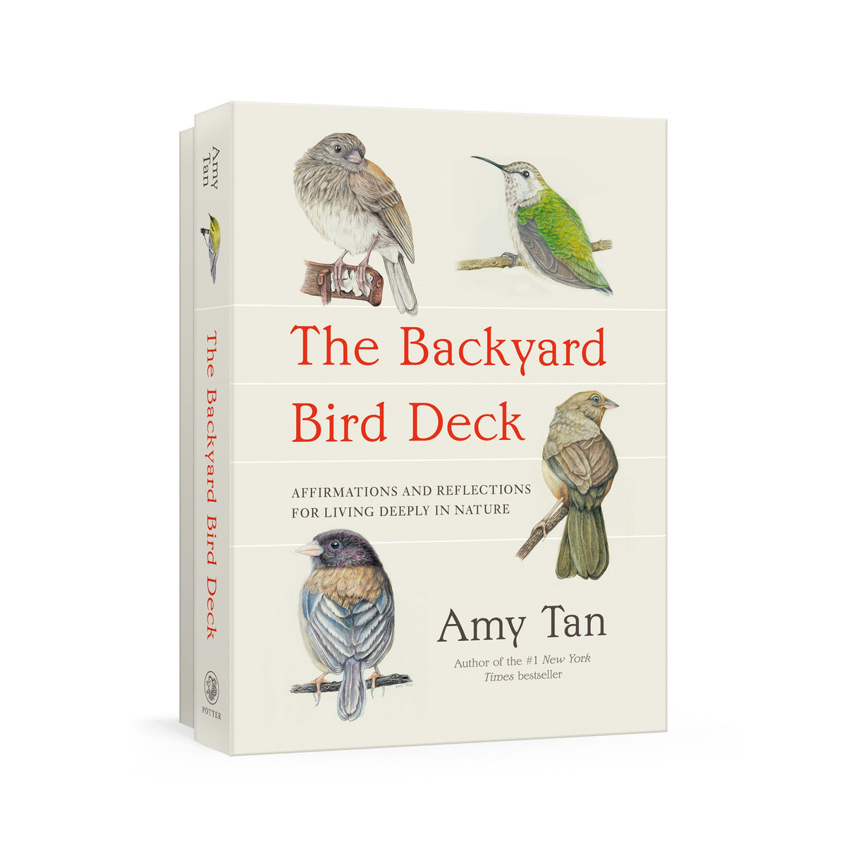 The Backyard Bird Deck book by Amy Tan, featuring an off-white cover with watercolor illustrations of four birds and red title text, shown on a clean white background.