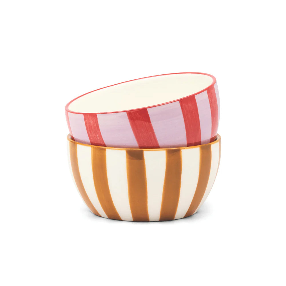Two striped ceramic bowls on a white background