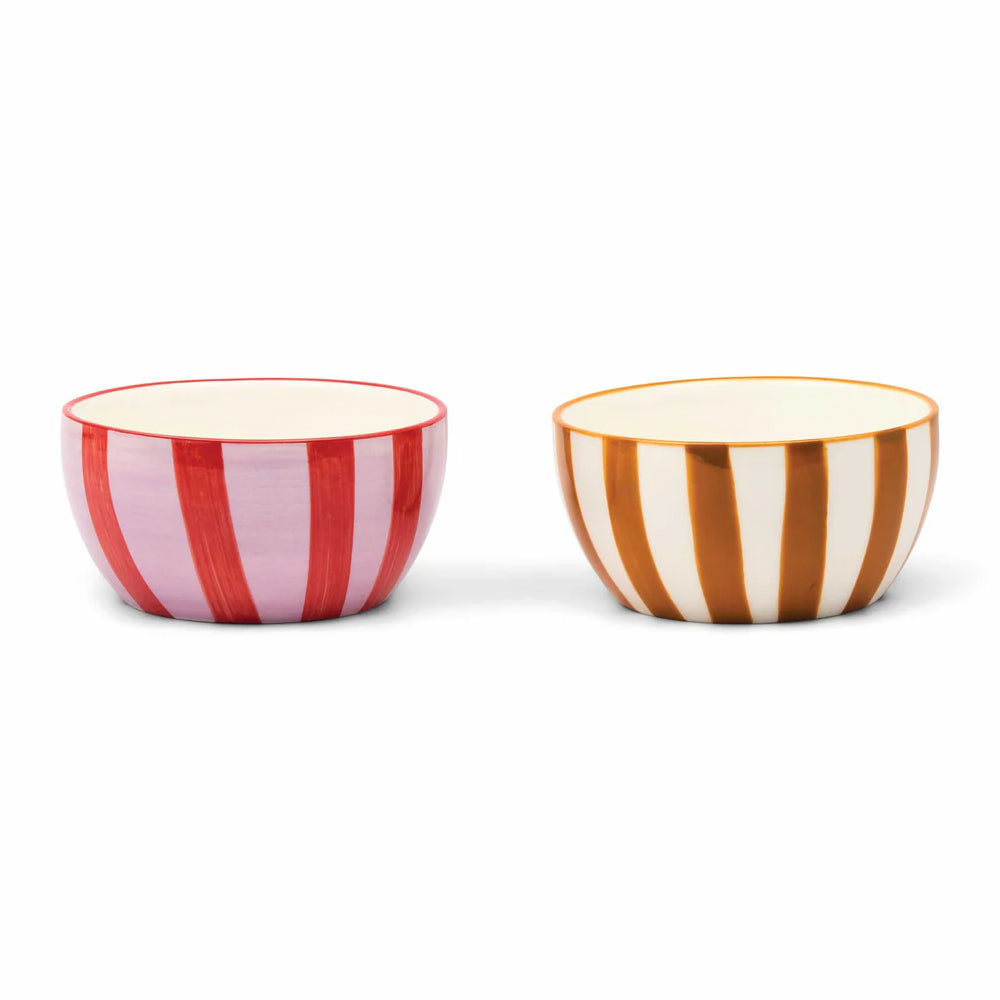 Two striped ceramic bowls on a white background