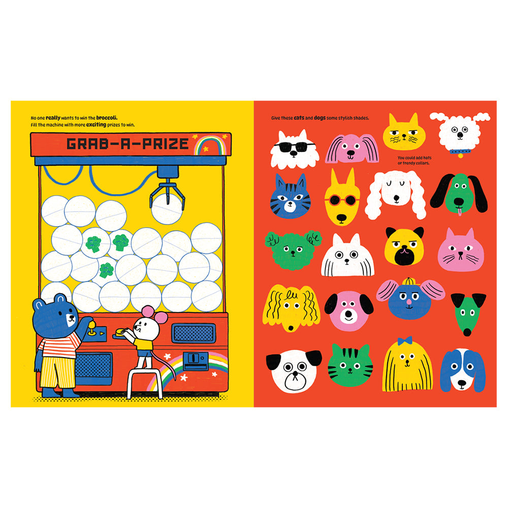 A colorful children's activity book spread showing a claw-grab game page on the left and a dog-face sticker or print sheet on the right, with bright yellow, orange, red, blue, green, pink, and white illustrated elements.