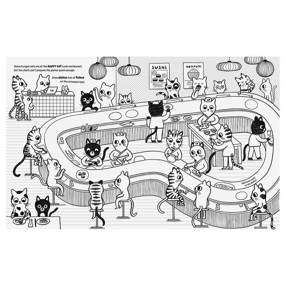 A black and white line art illustration of a cat-themed sushi restaurant, featuring numerous anthropomorphic cats dining, cooking, and interacting around a long sushi counter. The image includes a small text block on the upper left.