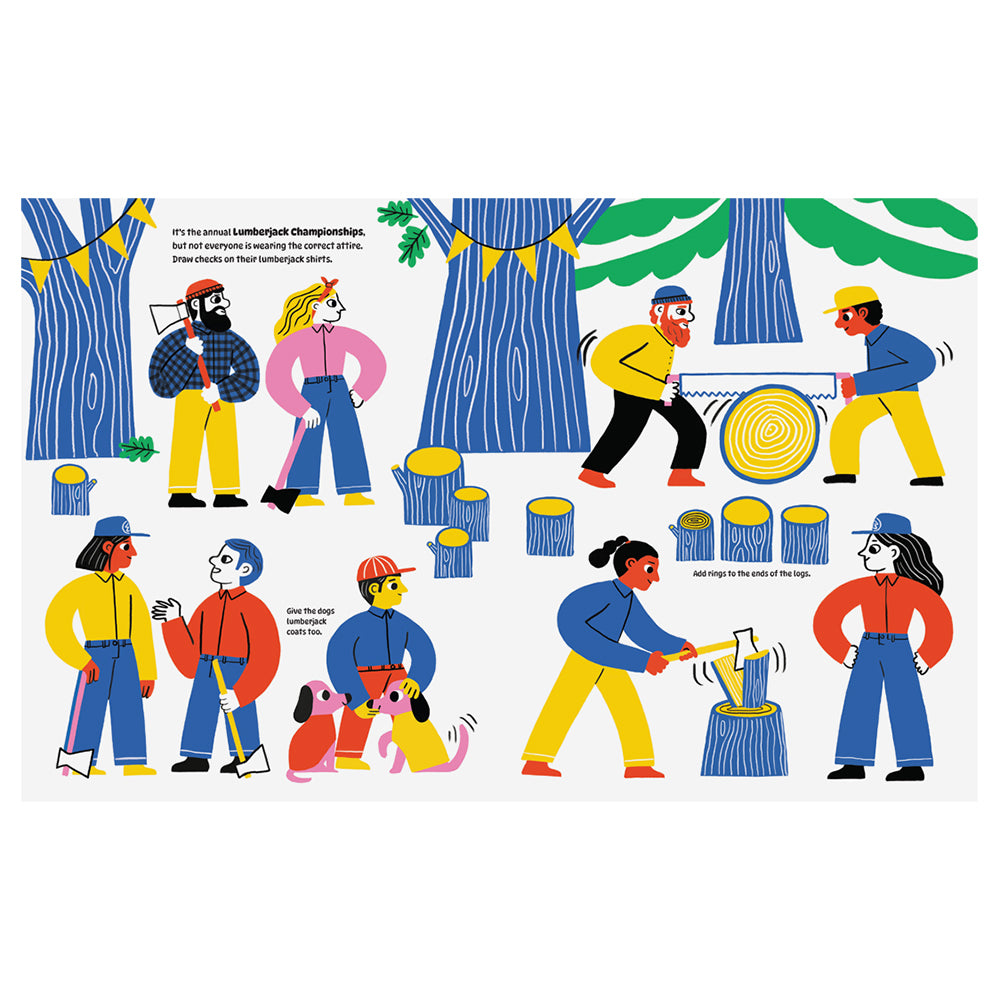 A colorful illustrated poster or print showing multiple stylized people outdoors among trees and tree stumps, performing lumberjack-like activities such as cutting logs, stacking logs, and carrying tools. Small text appears near the upper left, but the overall subject is the illustrated scene itself rather than a real photographed environment.