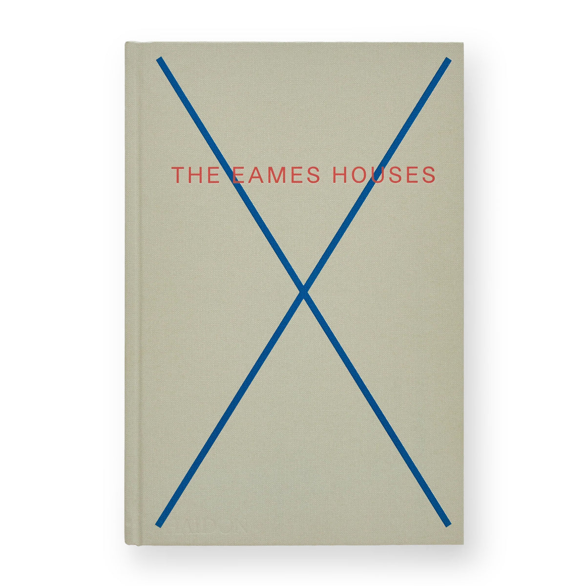 The Eames Houses book with a beige cover, featuring a large blue X and the title in red text.