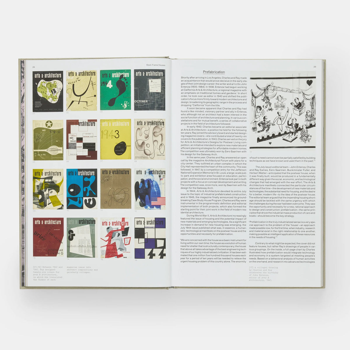An open book spread showing printed pages with a grid of colorful poster-like thumbnails on the left and a black-and-white illustration and text column on the right, photographed against a light gray background.