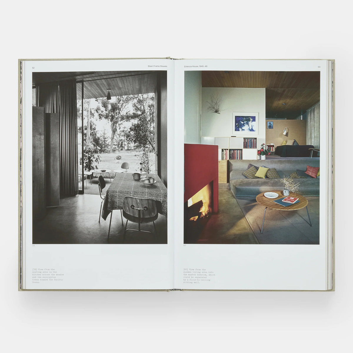 Open book showing two interior design images of a living room and dining area.