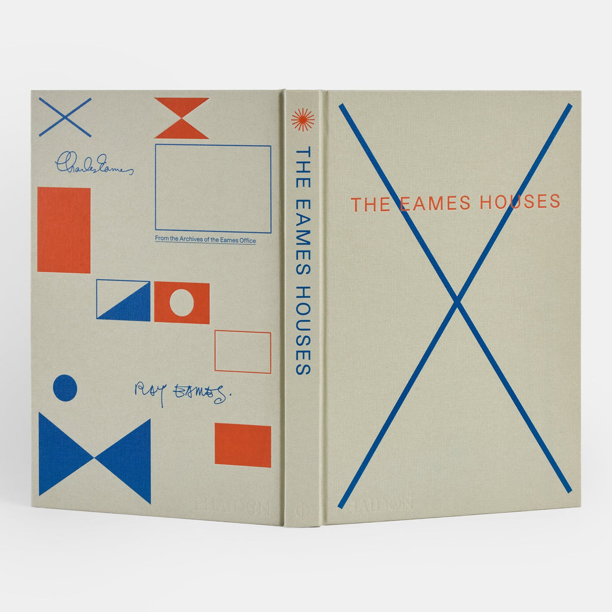 Book cover of 'The Eames Houses' with geometric designs and text.