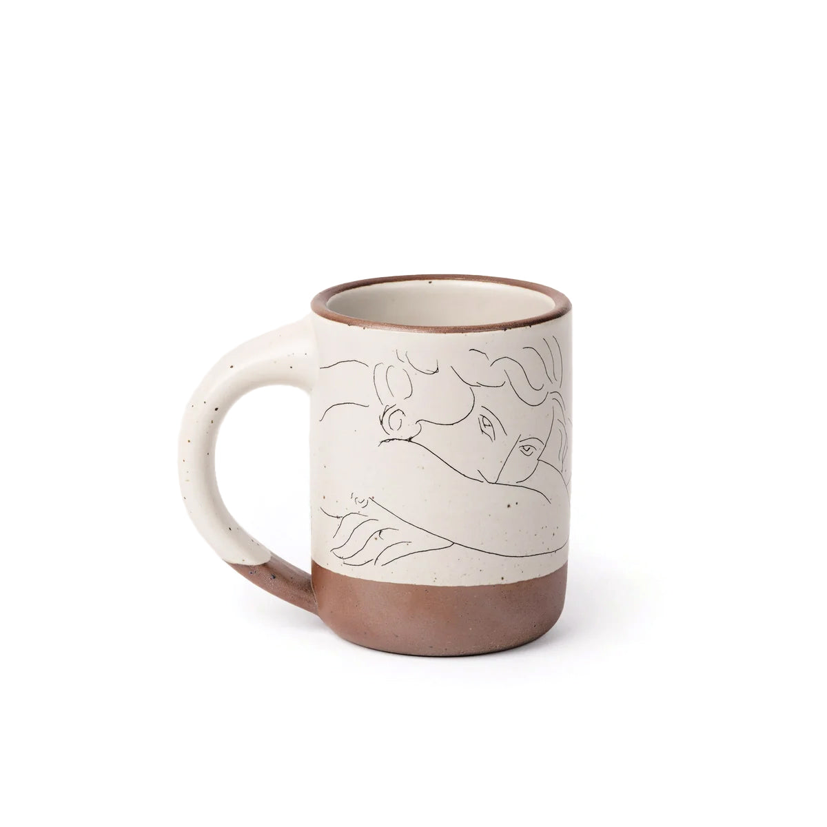 A handmade ceramic mug with a speckled off-white body, a brown glazed base, and a minimalist line drawing of a woman's face on the side, set against a plain white background.