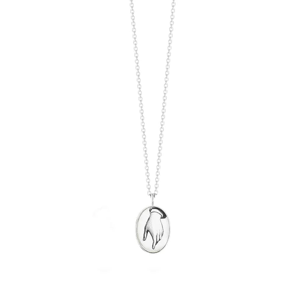 silver necklace with 'hand' pendant on a white background