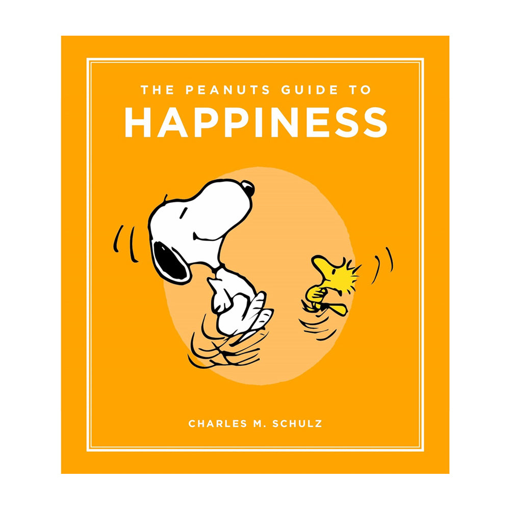 Book cover of 'The Peanuts Guide to Happiness' with Snoopy and Woodstock on an orange background