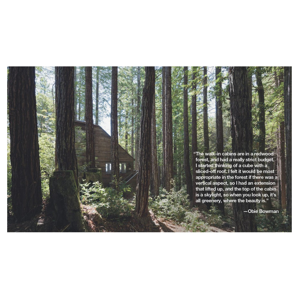 Wooden cabin in a forest with a quote on a white background